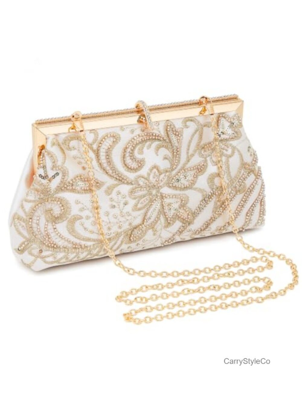 Embroidered Beaded Clutch Evening Bag with Chain Strap